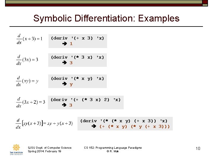 Symbolic Differentiation: Examples (deriv '(+ x 3) 'x) 1 (deriv '(* 3 x) 'x)