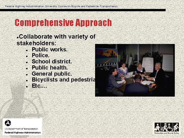 Federal Highway Administration University Course on Bicycle and Pedestrian Transportation Comprehensive Approach Collaborate with