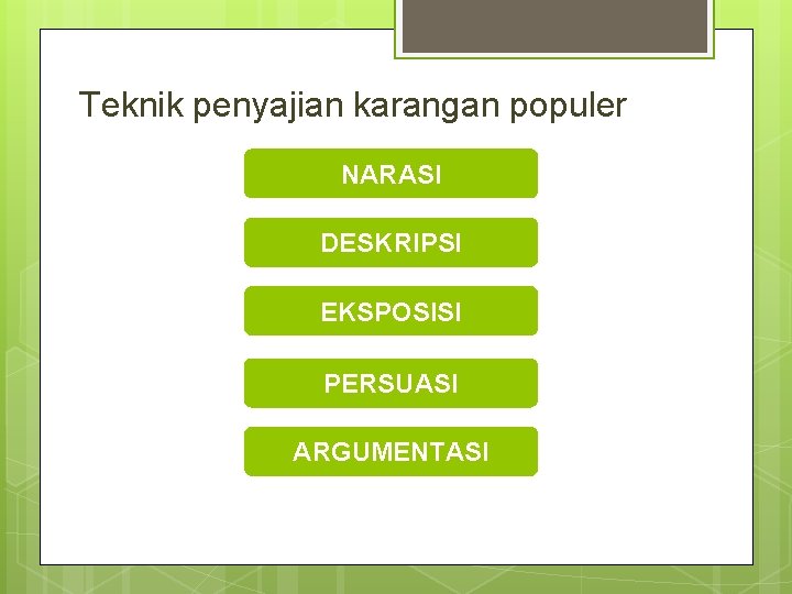 Teknik penyajian karangan populer NARASI DESKRIPSI EKSPOSISI PERSUASI ARGUMENTASI 