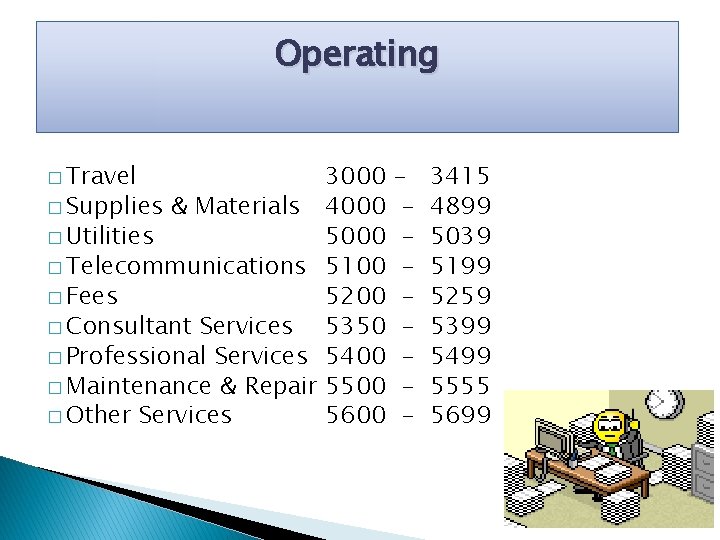Operating � Travel 3000 � Supplies & Materials 4000 � Utilities 5000 � Telecommunications
