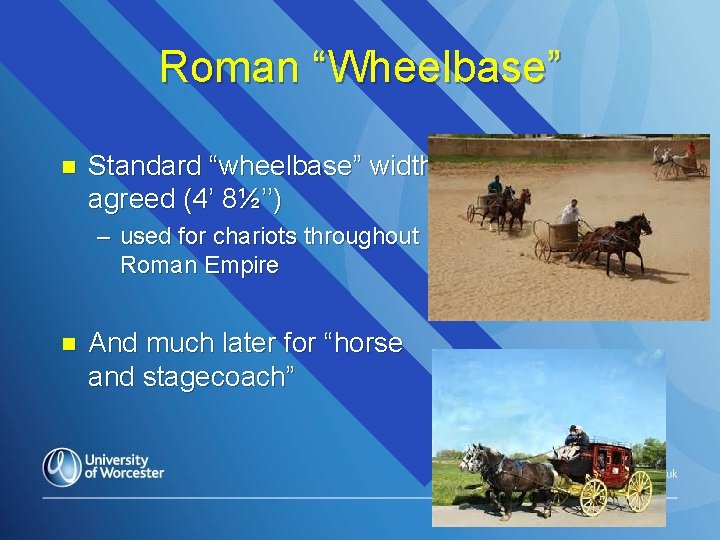 Roman “Wheelbase” n Standard “wheelbase” width agreed (4’ 8½’’) – used for chariots throughout