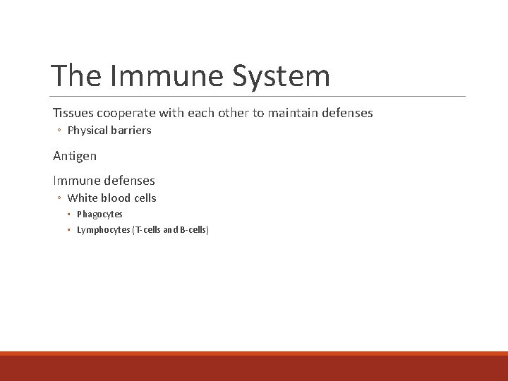 The Immune System Tissues cooperate with each other to maintain defenses ◦ Physical barriers