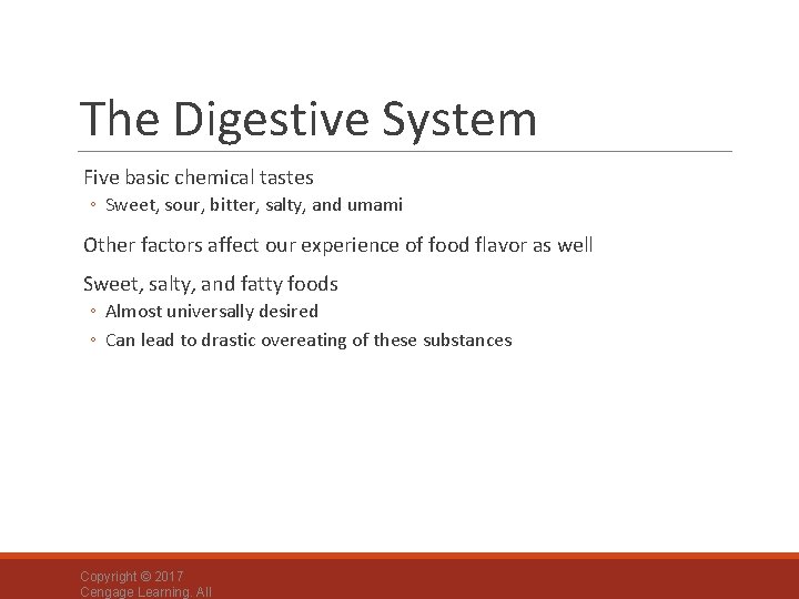 The Digestive System Five basic chemical tastes ◦ Sweet, sour, bitter, salty, and umami