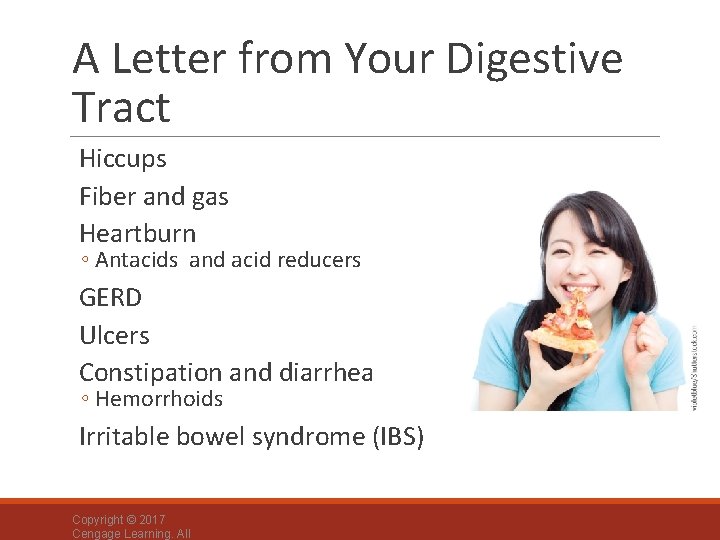 A Letter from Your Digestive Tract Hiccups Fiber and gas Heartburn ◦ Antacids and