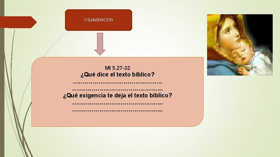 V ILUMINACION Mt 5, 27 -32 ¿Qué dice el texto bíblico? ………………………………………. . ¿Qué