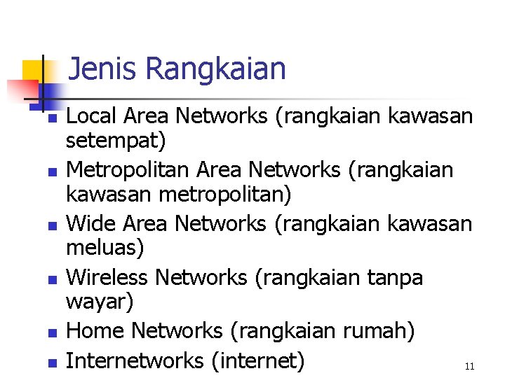 Jenis Rangkaian n n n Local Area Networks (rangkaian kawasan setempat) Metropolitan Area Networks
