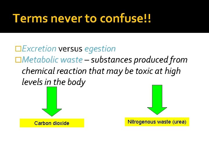 Terms never to confuse!! �Excretion versus egestion �Metabolic waste – substances produced from chemical