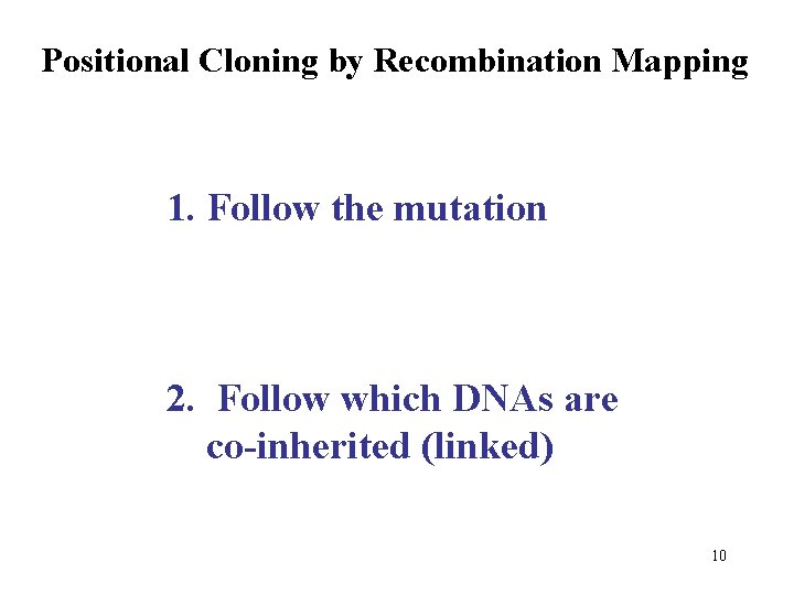 Positional Cloning by Recombination Mapping 1. Follow the mutation 2. Follow which DNAs are