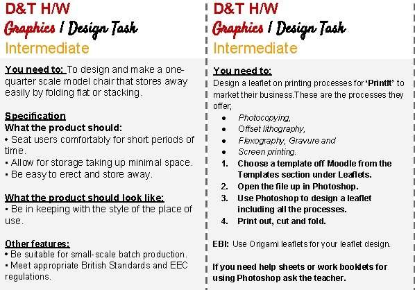 D&T H/W Graphics | Design Task Intermediate You need to: To design and make