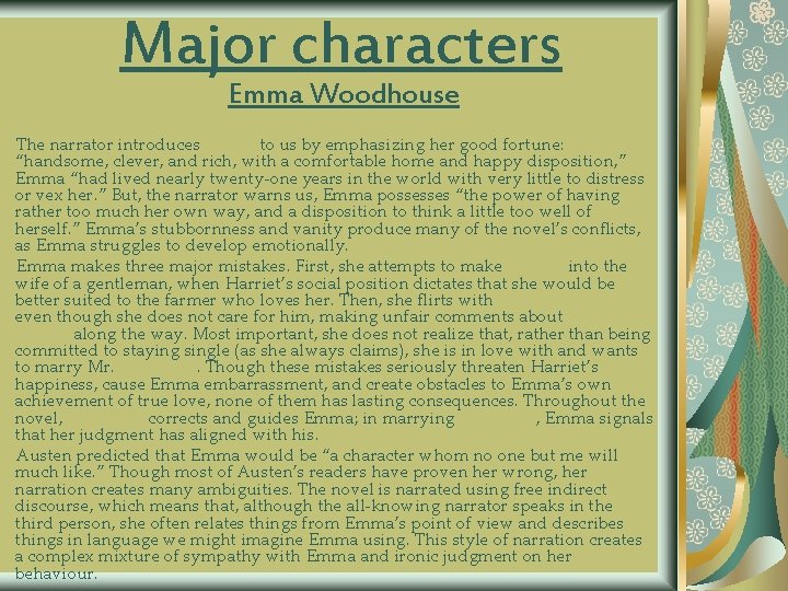 Major characters Emma Woodhouse The narrator introduces Emma to us by emphasizing her good