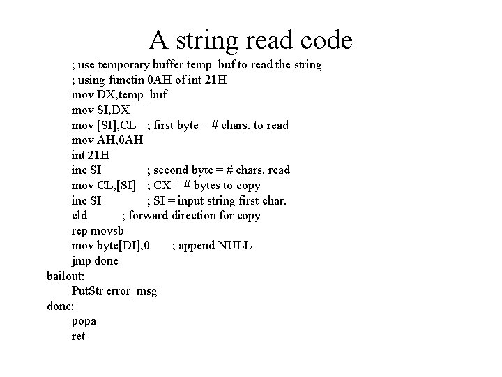 A string read code ; use temporary buffer temp_buf to read the string ;