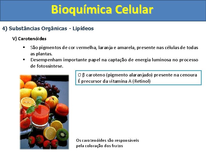 Bioquímica Celular 4) Substâncias Orgânicas - Lipídeos V) Carotenóides § § São pigmentos de