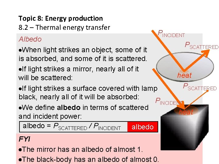 Topic 8: Energy production 8. 2 – Thermal energy transfer PINCIDENT Albedo PSCATTERED When