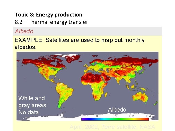Topic 8: Energy production 8. 2 – Thermal energy transfer Albedo EXAMPLE: Satellites are