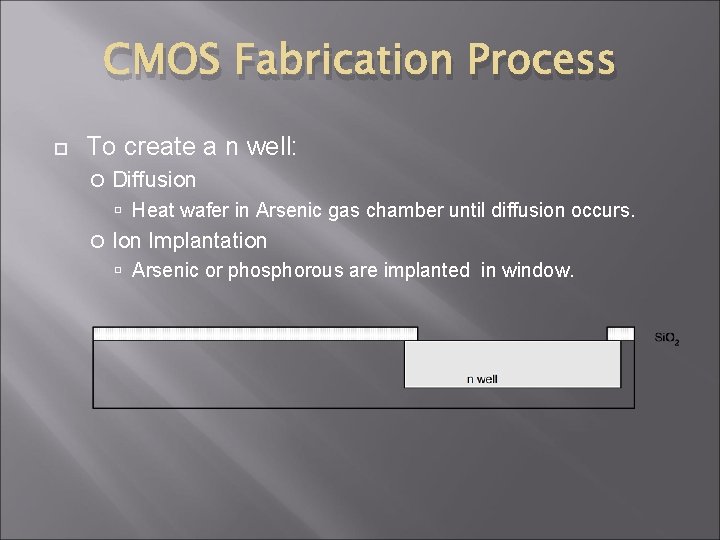 CMOS Fabrication Process To create a n well: Diffusion Heat wafer in Arsenic gas