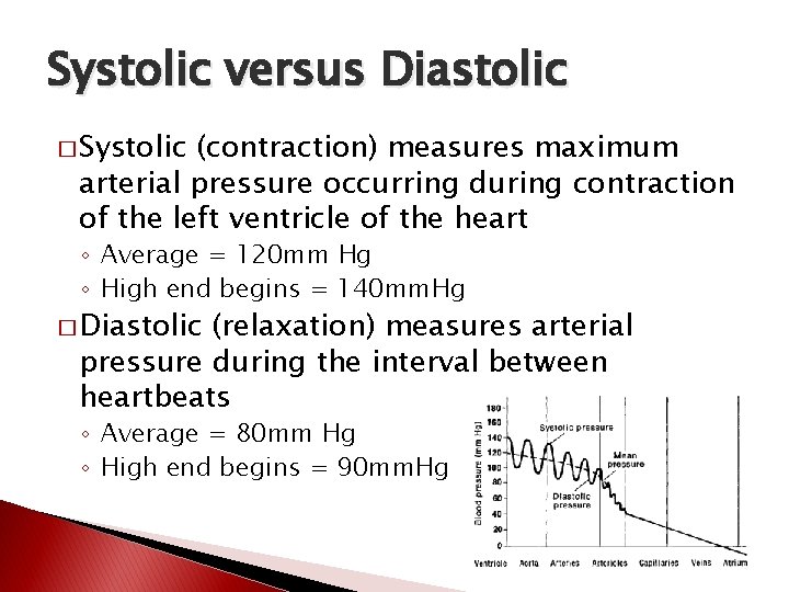 Systolic versus Diastolic � Systolic (contraction) measures maximum arterial pressure occurring during contraction of