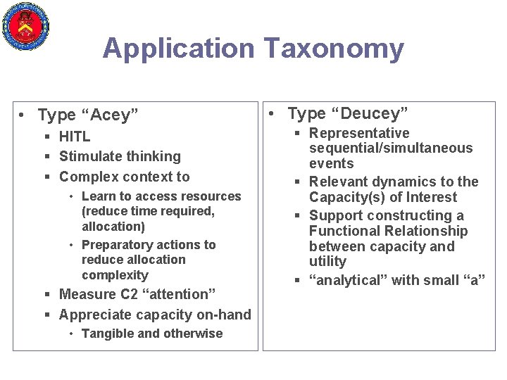 Application Taxonomy • Type “Acey” § HITL § Stimulate thinking § Complex context to