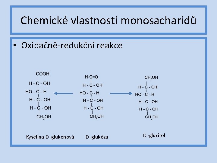 Chemické vlastnosti monosacharidů • Oxidačně-redukční reakce Kyselina D- glukonová D- glukóza D -glucitol 