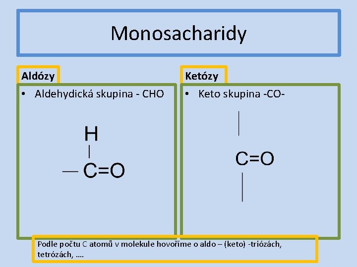 Monosacharidy Aldózy Ketózy • Aldehydická skupina - CHO • Keto skupina -CO- Podle počtu