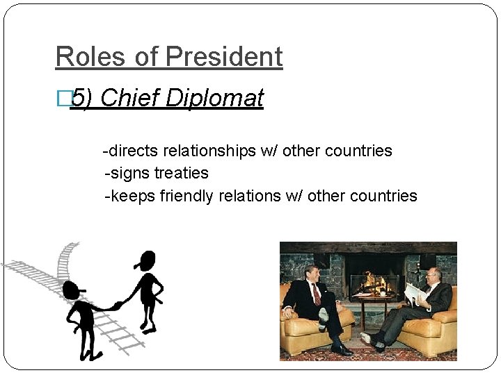 Roles of President � 5) Chief Diplomat -directs relationships w/ other countries -signs treaties