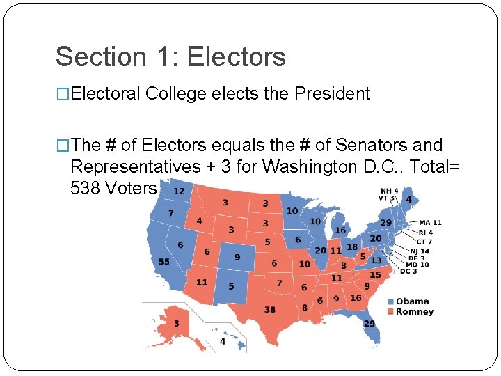 Section 1: Electors �Electoral College elects the President �The # of Electors equals the