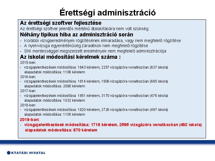 Érettségi adminisztráció Az érettségi szoftver fejlesztése Az érettségi szoftver jelentős mértékű átalakítására nem volt