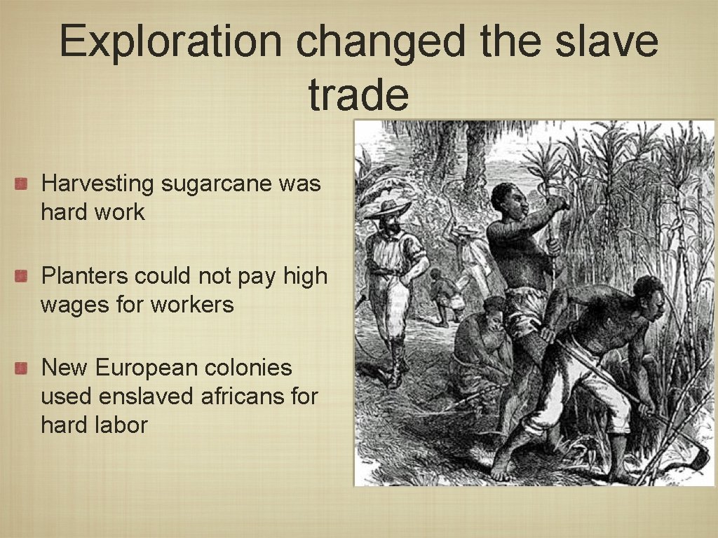 Exploration changed the slave trade Harvesting sugarcane was hard work Planters could not pay
