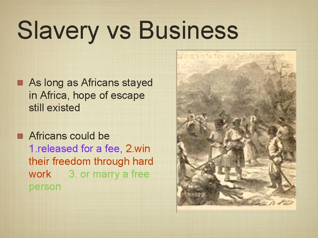 Slavery vs Business As long as Africans stayed in Africa, hope of escape still