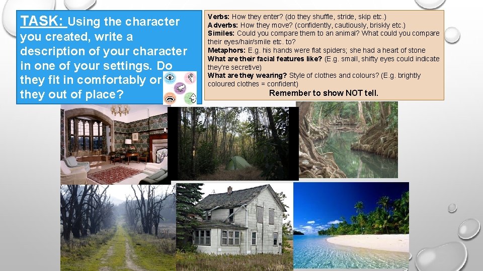 TASK: Using the character you created, write a description of your character in one