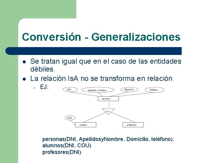 Conversión - Generalizaciones l l Se tratan igual que en el caso de las