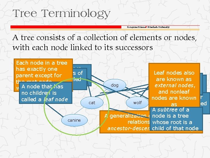 Tree Terminology Computer Science Otterbein University A tree consists of a collection of elements