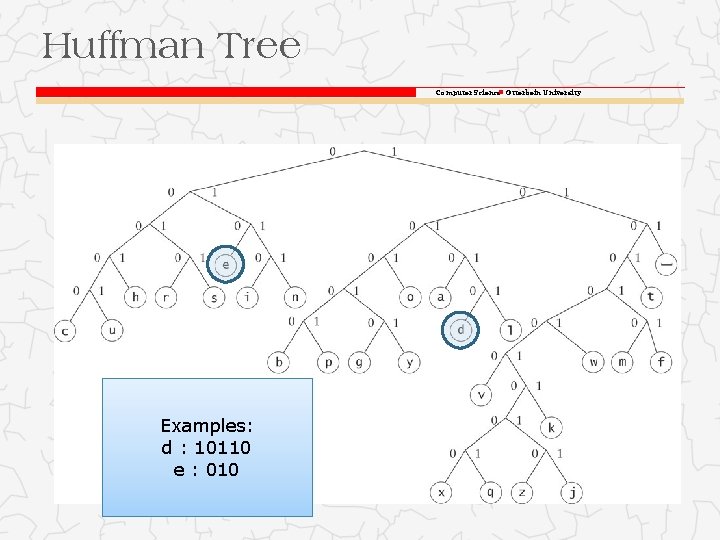 Huffman Tree Computer Science Otterbein University Examples: d : 10110 e : 010 