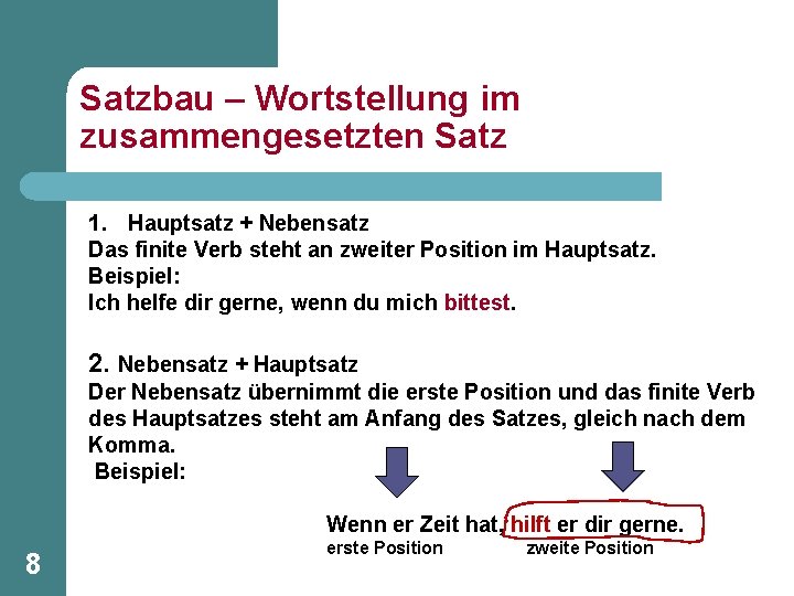 Satzbau – Wortstellung im zusammengesetzten Satz 1. Hauptsatz + Nebensatz Das finite Verb steht