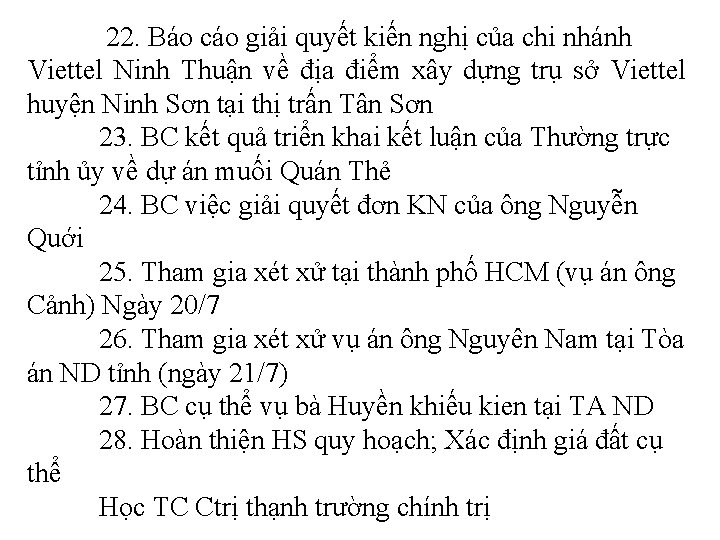 22. Báo cáo giải quyết kiến nghị của chi nhánh Viettel Ninh Thuận về