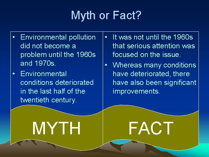 Myth or Fact? • Environmental pollution did not become a problem until the 1960