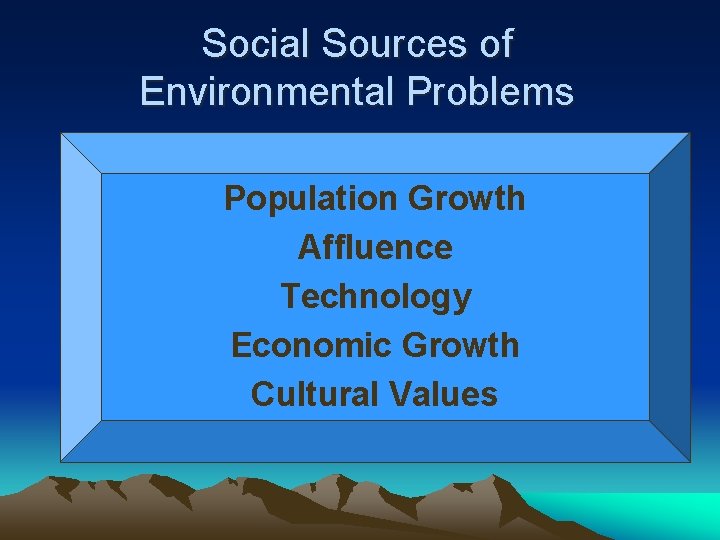 Social Sources of Environmental Problems Population Growth Affluence Technology Economic Growth Cultural Values 