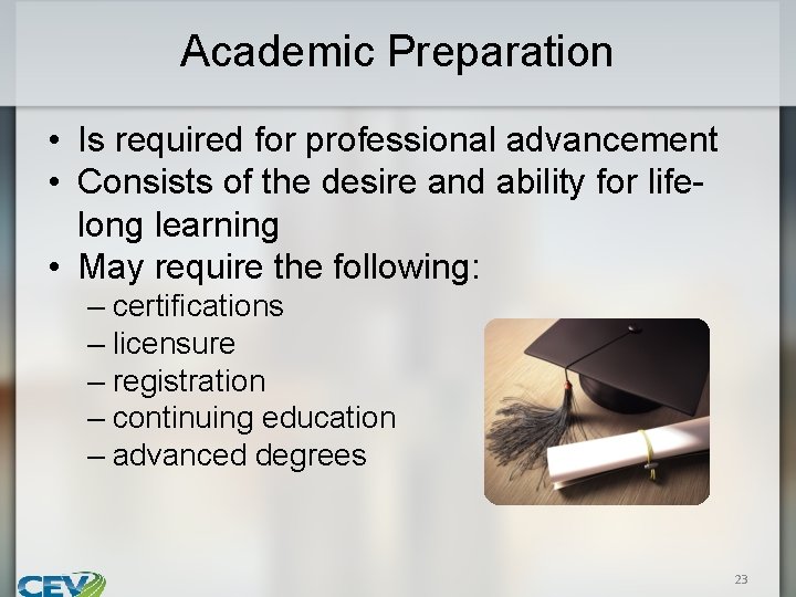 Academic Preparation • Is required for professional advancement • Consists of the desire and