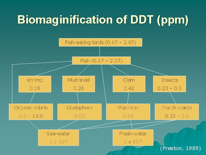 Biomaginification of DDT (ppm) Fish-eating birds (0. 17 – 2. 07) Fish (0. 17