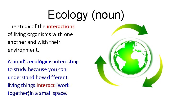 Ecology (noun) The study of the interactions of living organisms with one another and