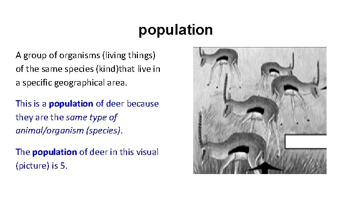 population A group of organisms (living things) of the same species (kind)that live in