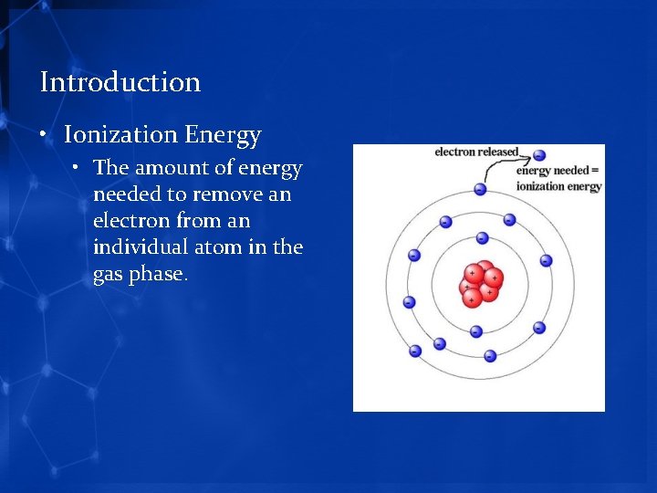 Introduction • Ionization Energy • The amount of energy needed to remove an electron