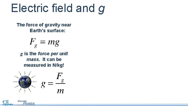 Electric field and g The force of gravity near Earth’s surface: g is the