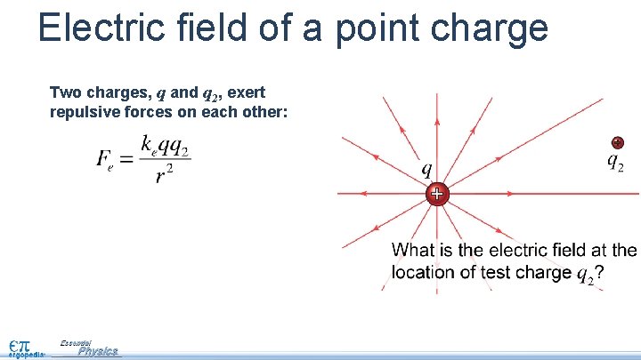 Electric field of a point charge Two charges, q and q 2, exert repulsive