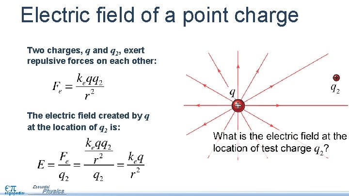 Electric field of a point charge Two charges, q and q 2, exert repulsive