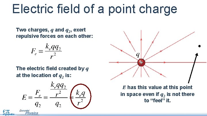 Electric field of a point charge Two charges, q and q 2, exert repulsive