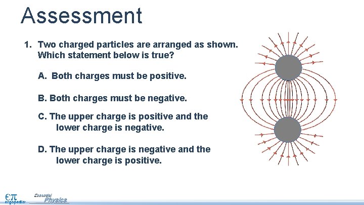 Assessment 1. Two charged particles are arranged as shown. Which statement below is true?