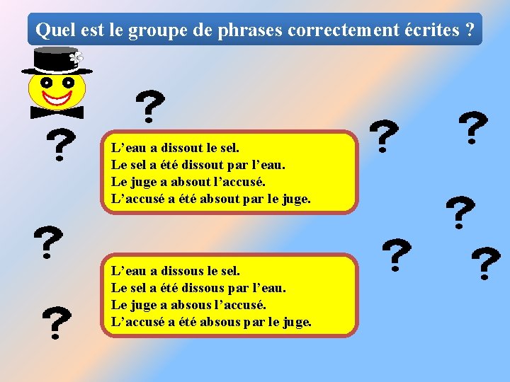 Quel est le groupe de phrases correctement écrites ? L’eau a dissout le sel.