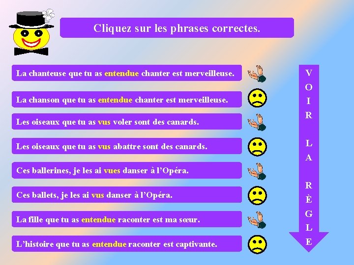 Cliquez sur les phrases correctes. La chanteuse que tu as entendue chanter est merveilleuse.