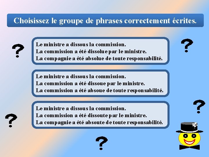 Choisissez le groupe de phrases correctement écrites. Le ministre a dissous la commission. La