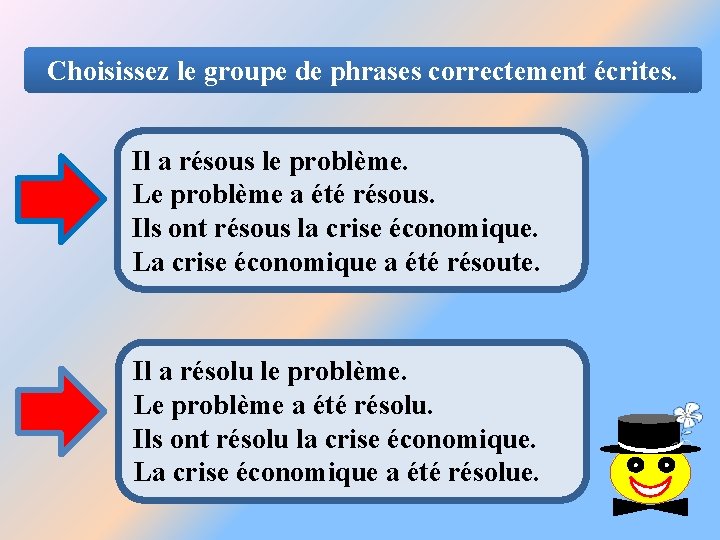 Choisissez le groupe de phrases correctement écrites. Il a résous le problème. Le problème